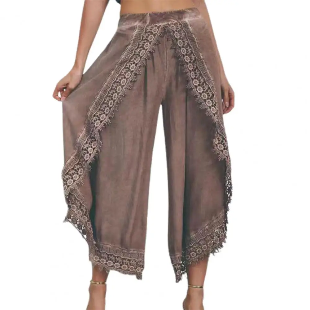 

2022 High Waist Wide Leg Ninth Length Harem Pants Women Summer Solid Color Lace Trim Casual Pants Lady Clothing Fashion