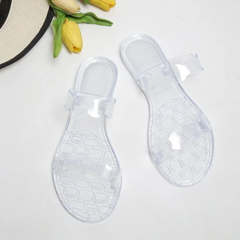

2022 Size 36-41 Women Slippers Summer Female Flats Shoes Peep Toe Crystal Sandals Soft Bottom Transparent Non-Slip Slippers
