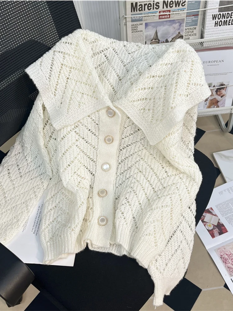 

Women Big Turn-down Hollow Out Knitwear Outerwear Baggy Long Sleeve Single Breasted Plush Lady Knitted Cardigan Sweater 2022 New