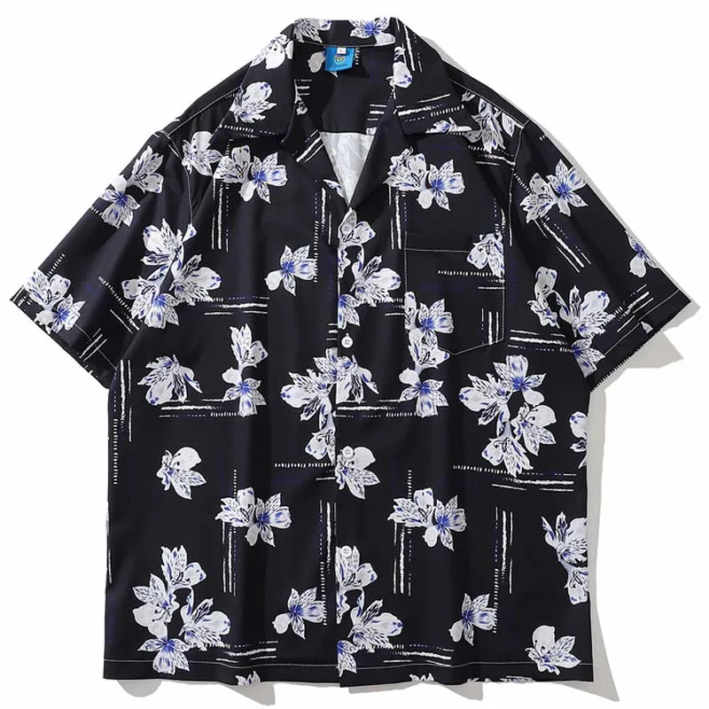 Summer Unisex Rrtro Harajuku Flowers Printed Turn-Down Collar Couple Shirts Men Oversize Hawaii Short Sleeve Tropica Shirts 2022
