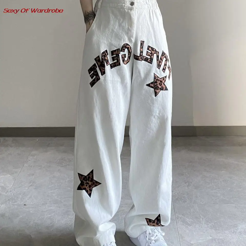 

2022 Spring Autumn Fashion High Street Stitching Leopard Print white jeans Star Letter Embroidery Straight Pants Wide Leg Pants