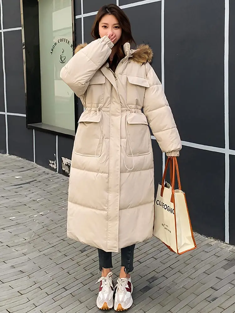 Vielleicht 2022 New Fashion Winter Jacket Women Parkas Long Coat Fur Hooded Loose Warm Snow Wear Cotton Padded Winter Clothes