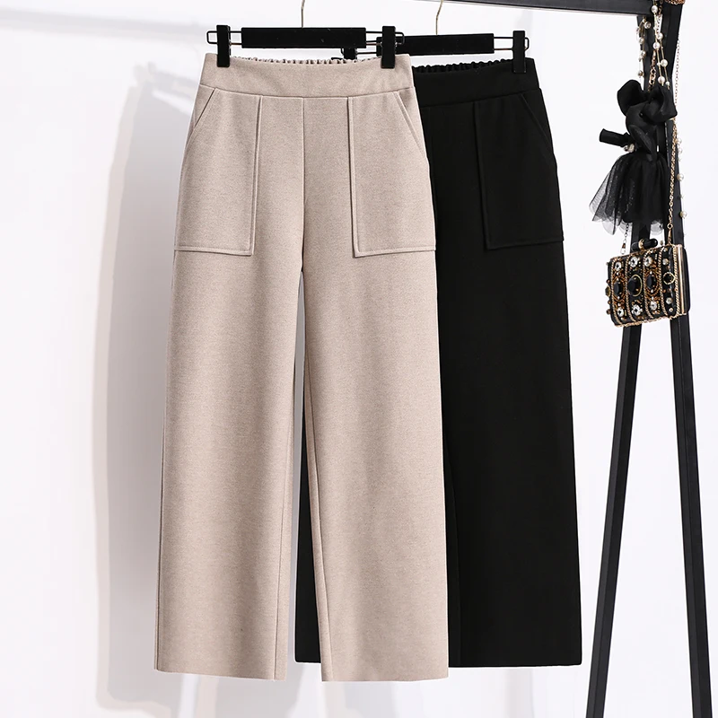 

Wide-leg Pants Women Fall Autumn Winter Feeling High Waist Straight Tube Loose Nine Points Thick Casual Woolen Pants 915B