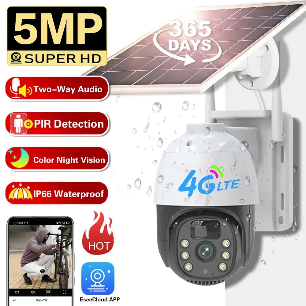 

HD 4G Solar Wifi PTZ Camera 5MP Outdoor IP66 Waterproof PIR Detection Auto Tracking Wireless CCTV Security Surveillance Camera