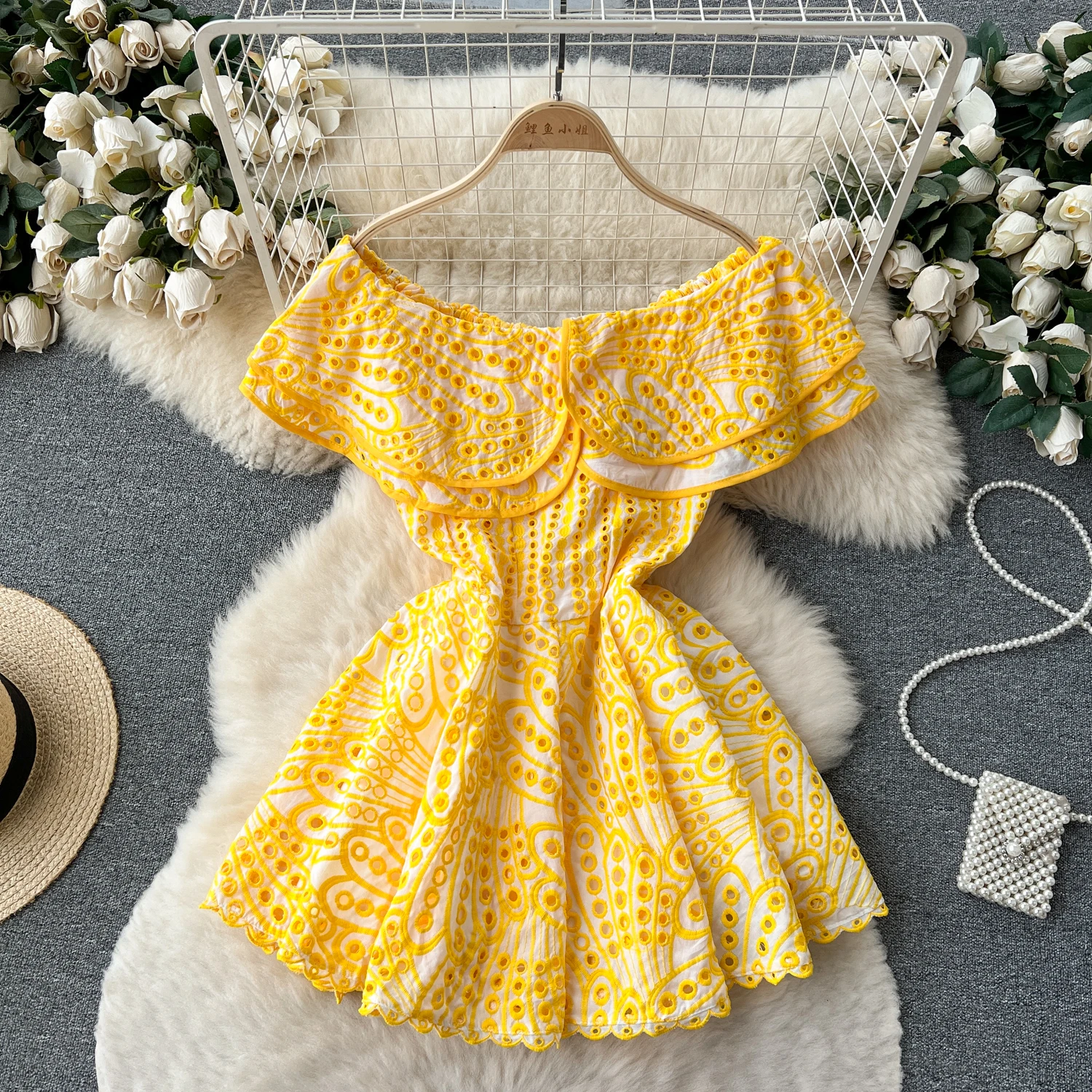 

Fashion Summer Cut Out Mini Dress For Women Sexy Off Shoulder Ruffles Embroidery Yellow High Waist Cotton Holiday Short Clothing