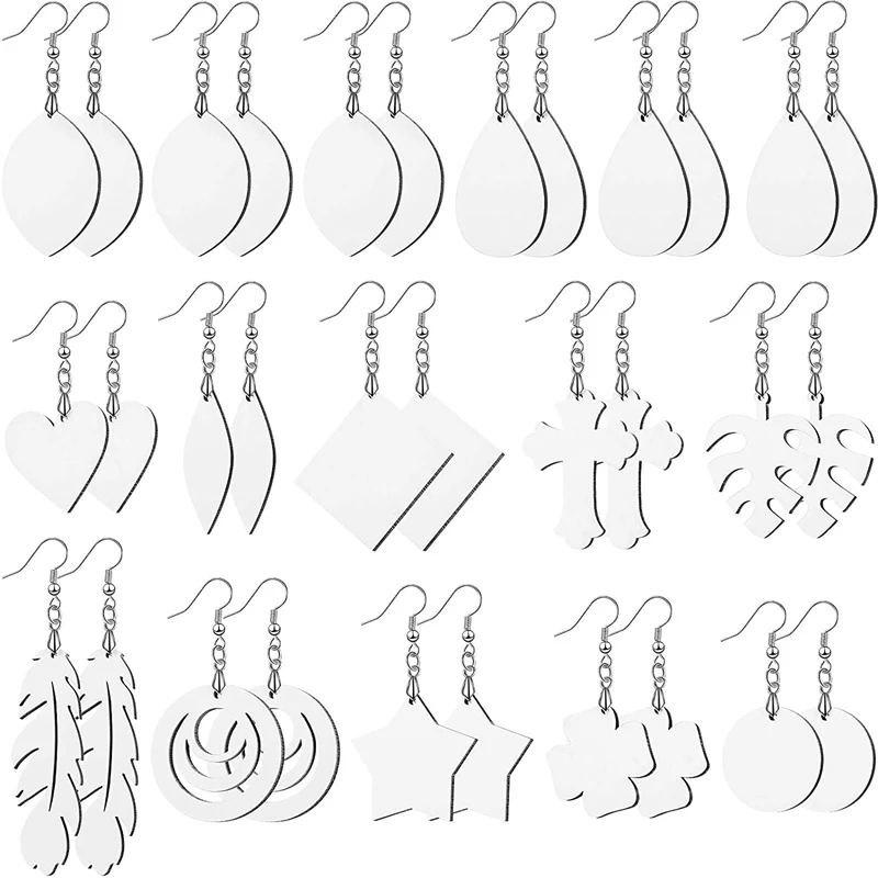 

32 Pcs Sublimation Earring Blank Heat Transfer Hooks Earrings Unfinished Wood Teardrop Earring Pendants in 12 Shapes