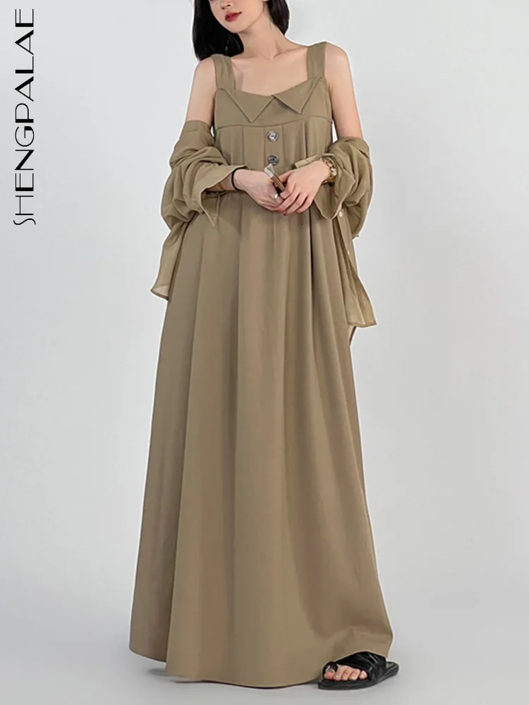 

SHENGPALAE Korean Fashion Square Neck Straight Tube Suspender Dress Casual Loose Robe Women's Vestido 2023 Summer Clothes 5R3507