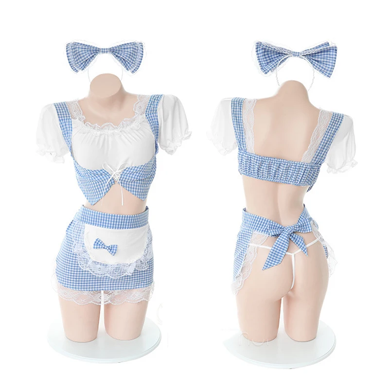 

Cute Lolita Japanese Maid Uniform Sweet Lace Blue White Apron French Maid Cosplay Costume Women Pajamas Sexy Lingerie Set