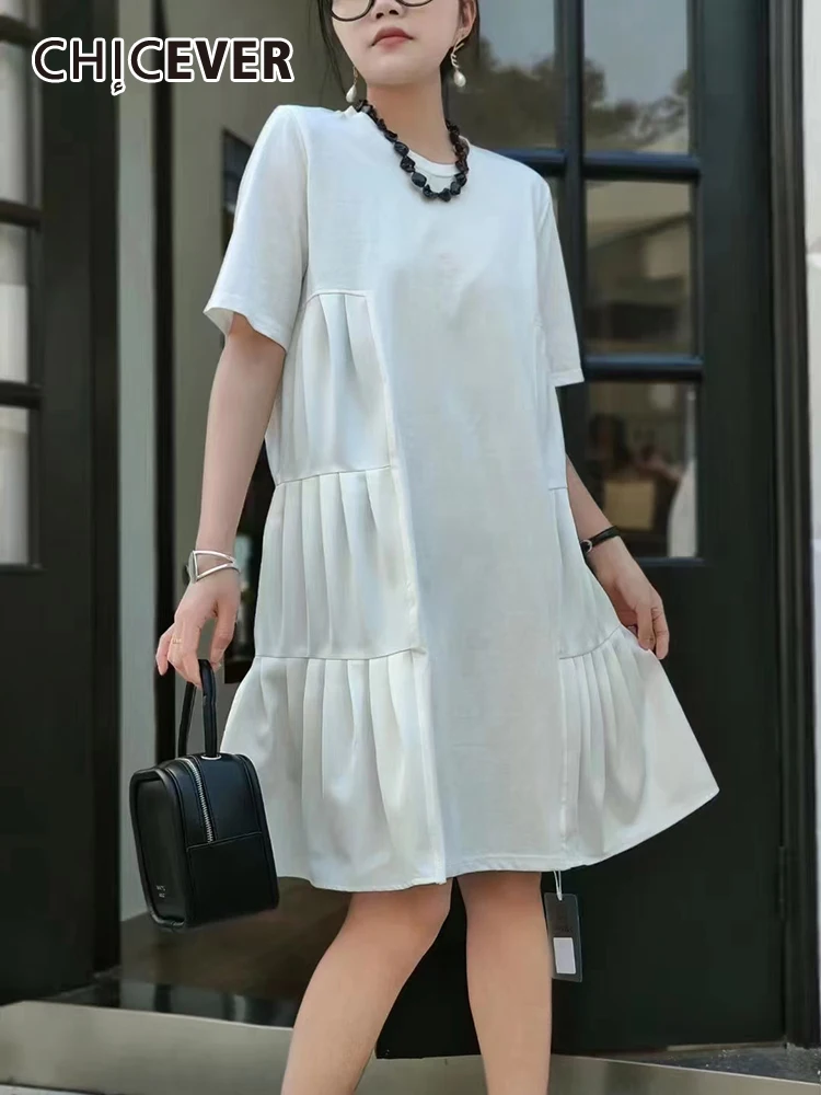 

CHICEVER Solid Patchwork Dresses For Women Round Neck Short Sleeve High Waist Loose Folds Casual Oversize Midi Dress Female New