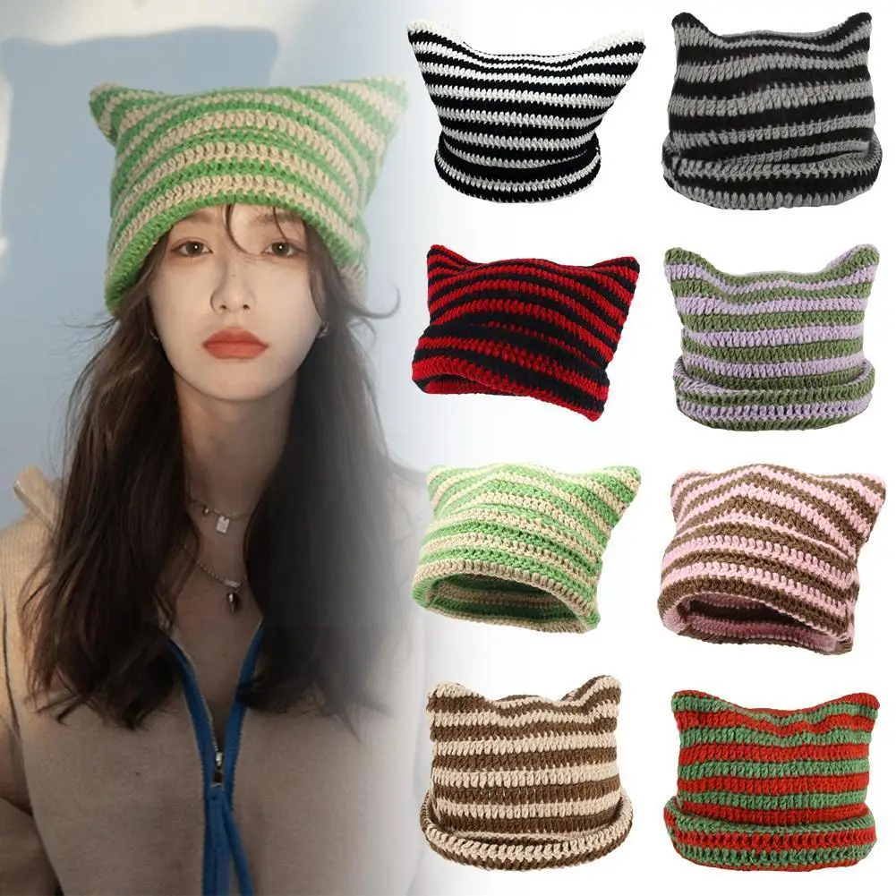 2023 Beanie Hat For Women Little Devil Striped Knitted Wool Cap Autumn And Winter Cute Ears Warmer Bonnet Casual Mens C R2a3