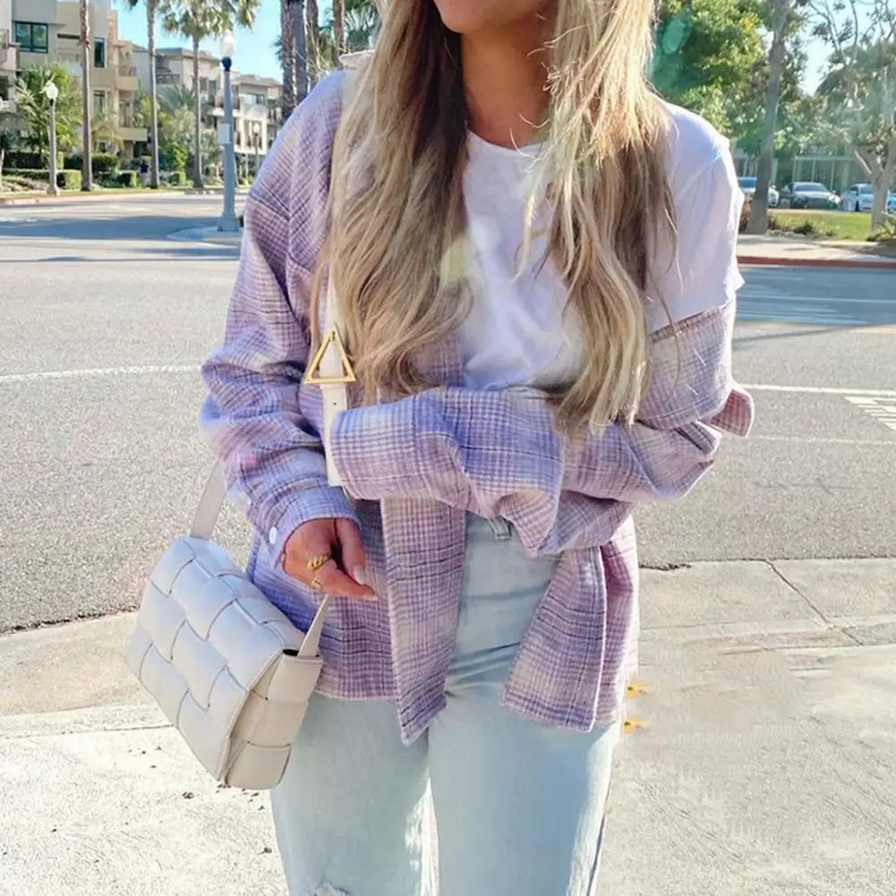 

Женское осеннее пальто, однобортный Кардиган, свободные простые зимние куртки в фиолетовую клетку с длинным рукавом и принтом, куртка для ж...