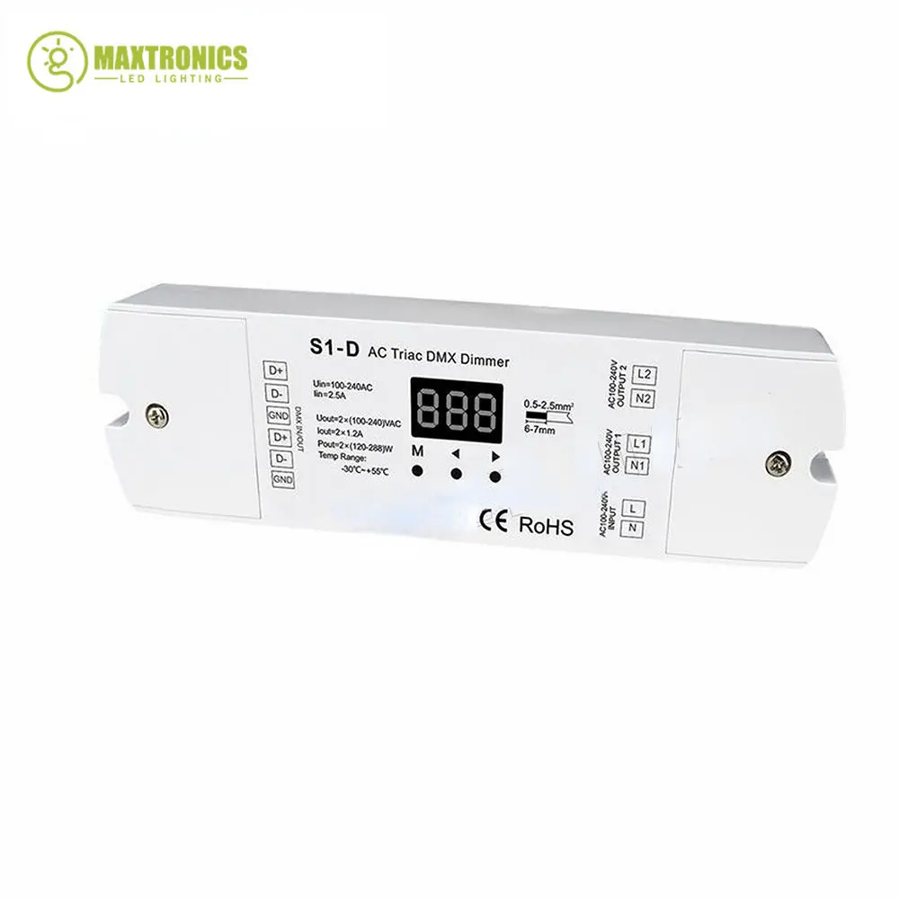 

DMX512 светодиодный контроллер AC100V - 240V 288W 2-канальный 2-канальный Triac DMX светодиодный диммер, двухканальный выход, кремниевый цифровой дисплей