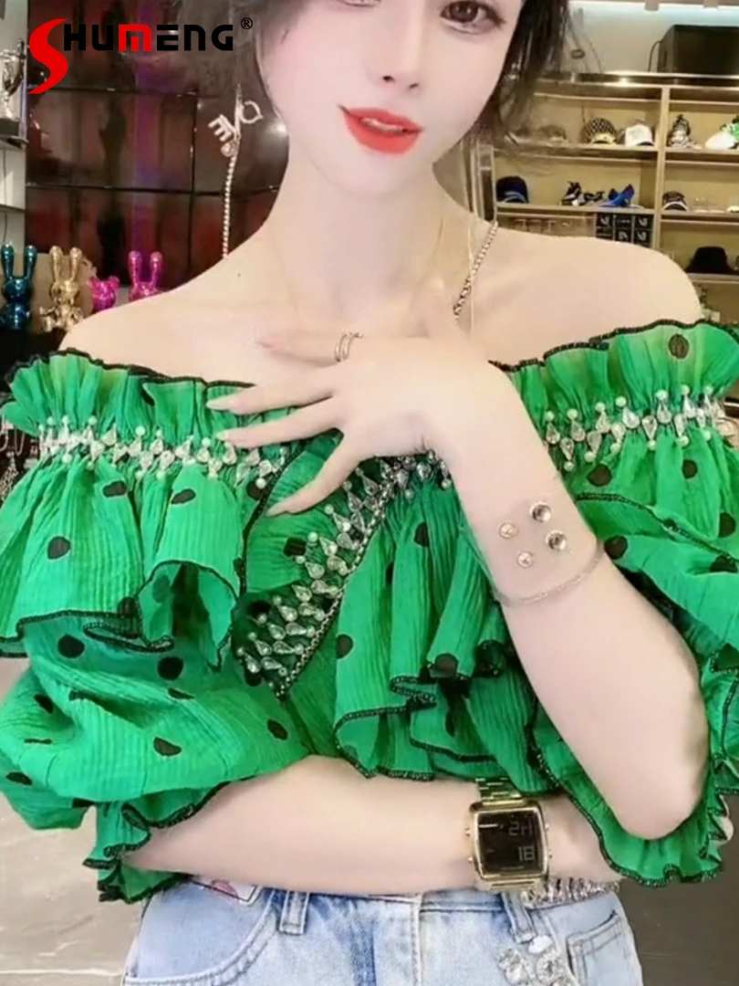 

Off-Shoulder Diamond-Embedded Polka Dot Shirt Women's Short-Sleeved Blouse Summer Elegant High-Grade V-neck Flounce Tops