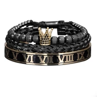 luxury crown handmade men enamel roman numeral bangles hemp rope buckle open stainless steel micro pave cz luxury jewelry