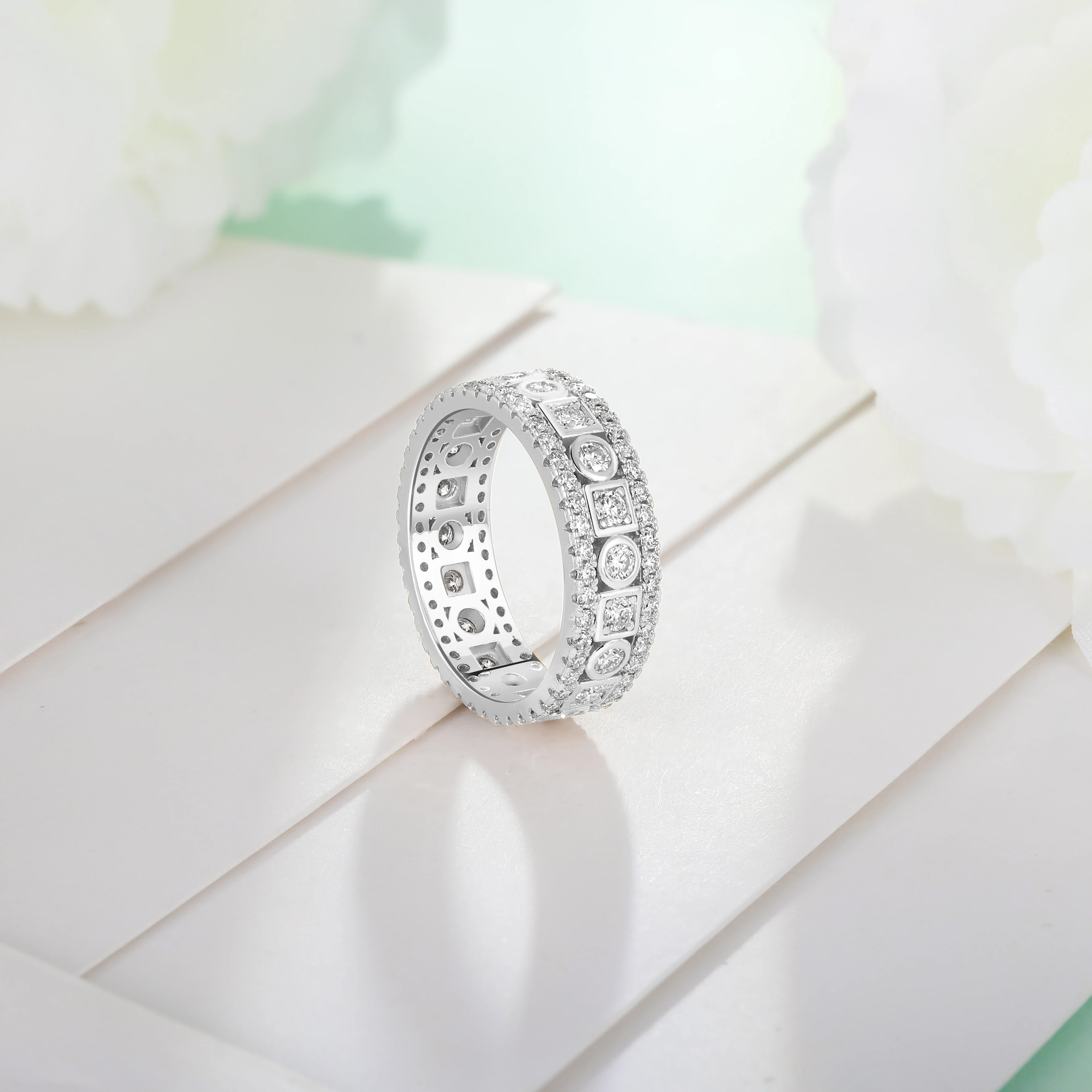 Фото Кольцо XCY Moissanite Full Eternity Band унисекс, с разнообразными огранками, из серебра 925 пробы, штабелируемое, свадебное, с имитацией бриллиантов, изысканное ювелирное украшение, подарок №3