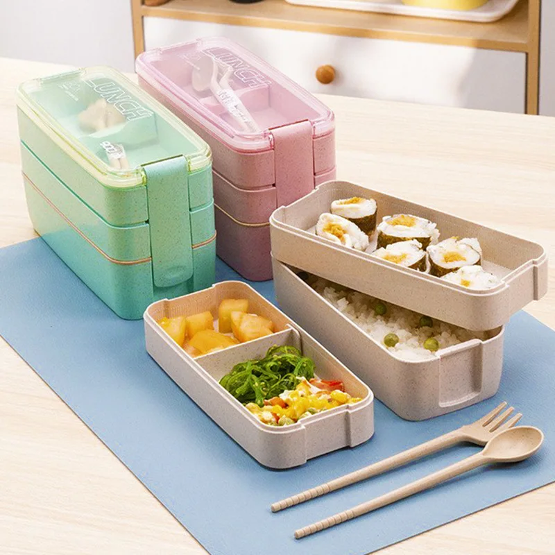 

1PC Eco-friendly With Spoon And Fork PP 3 Layer Wheat Straw Lunch Box Bento Box Practical Portable Non-toxic Non-polluting
