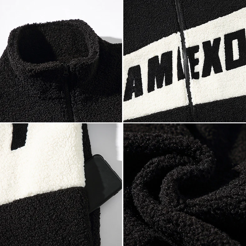 Winter Padded Fleece Jackets for Men Fashion Trends Patchwork Clothing Teen Plus Size Letter Print Coats Stand Collar Streetwear