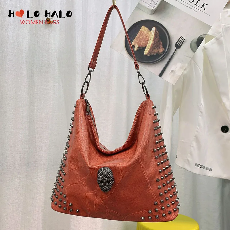 

Punk Rivet Skull Totes Bags for Women Vintage Crack Shoulder Bag Gothic Purses and Handbag High Capacity Designer Bag Pu Leather