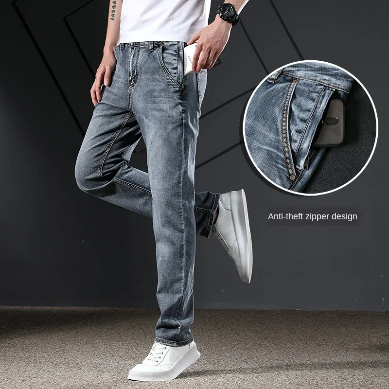 Stretch Denim Jeans for Men Straight Anti-Theft Zipper Jeans Male Pants Trousers 2022