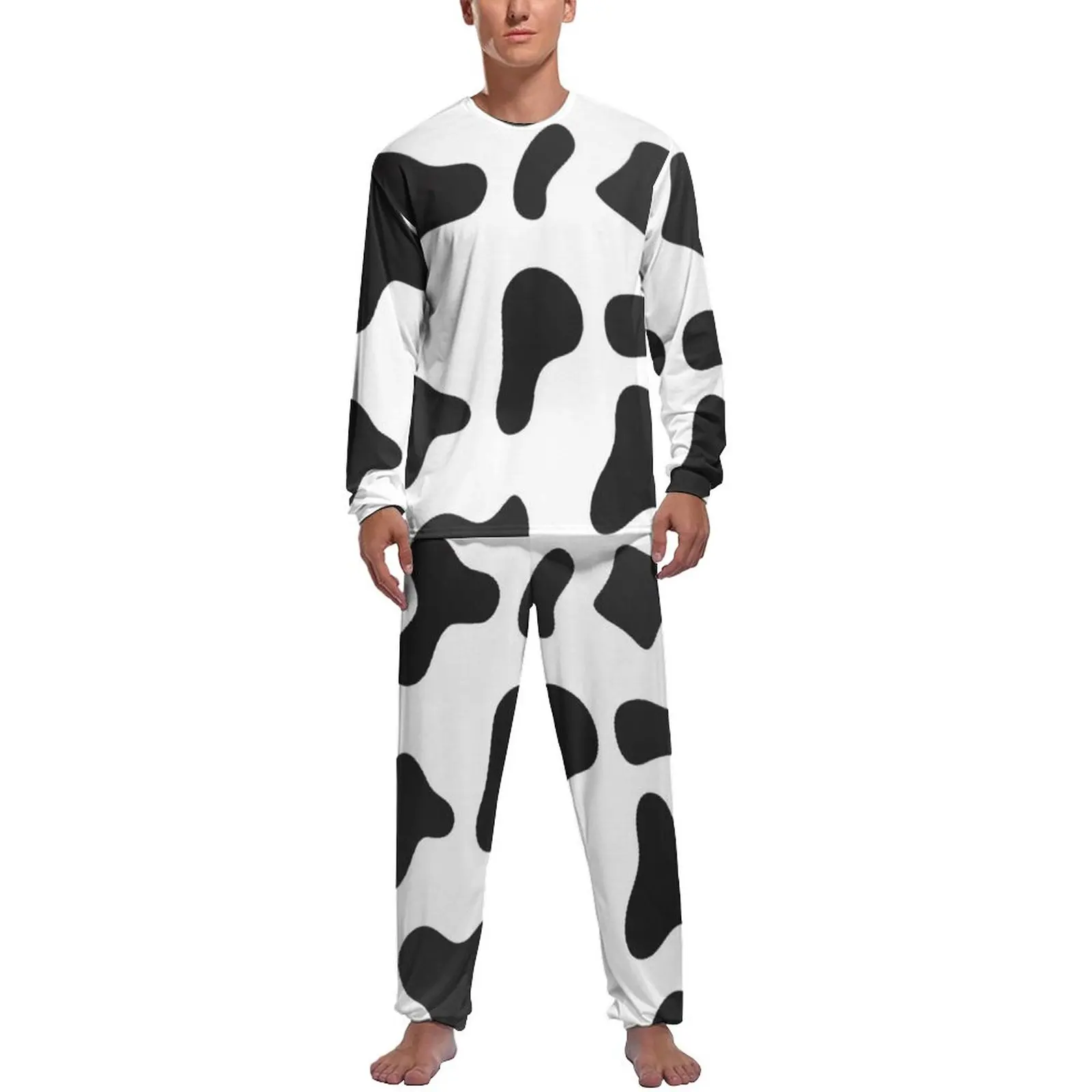 

Cow Print Skin Texture Pajamas Daily Black And White Spots Casual Sleepwear Man 2 Piece Pattern Long Sleeve Warm Pajama Sets