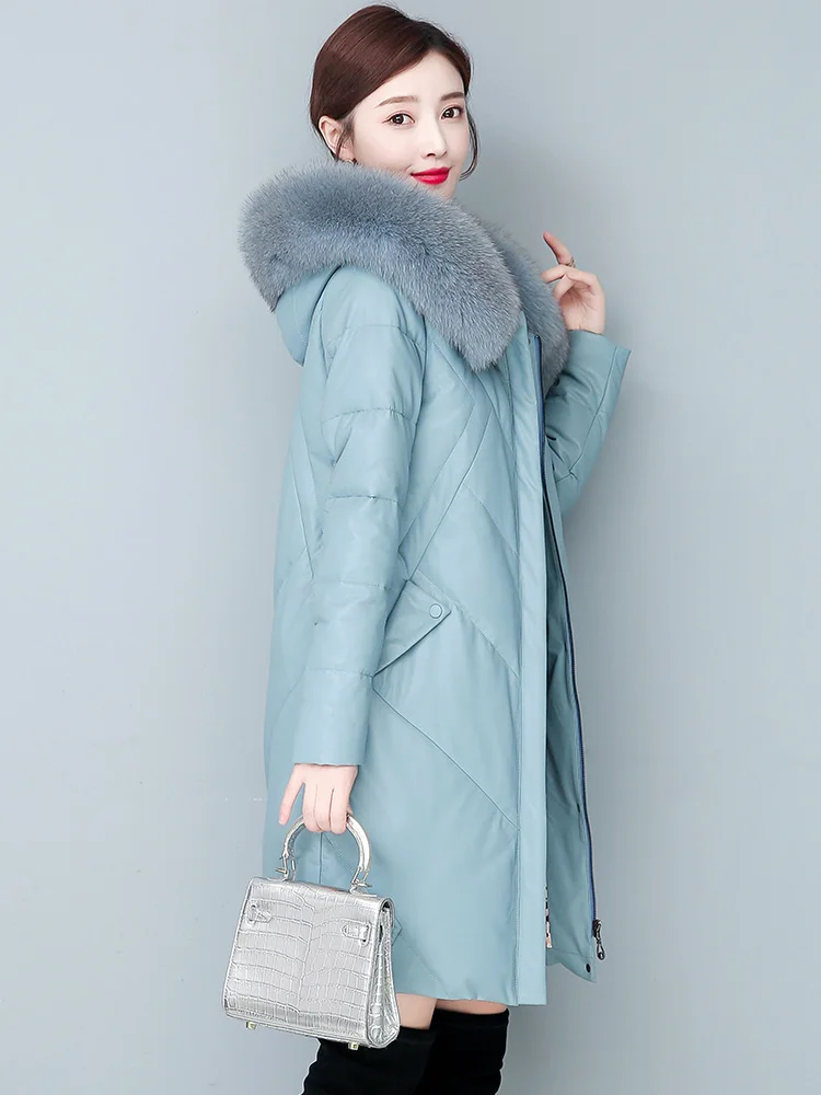 New Women Leather Down Coat Winter Fashion Warm Real Fox Fur Collar Medium Long Sheep Leather Down Jacket Loose Hooded Outerwear