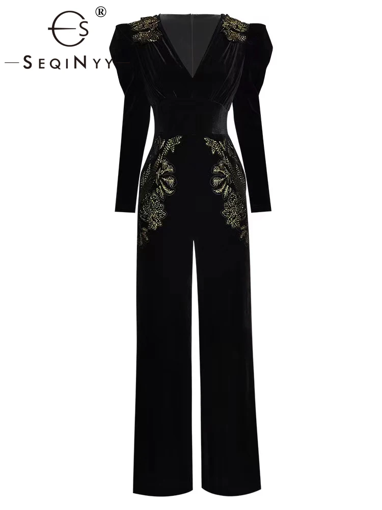 SEQINYY Autumn Winter Jumpsuit New Fashion Design Women Runway High Street Embroidery Golden Flowers Elegant Velvet Black