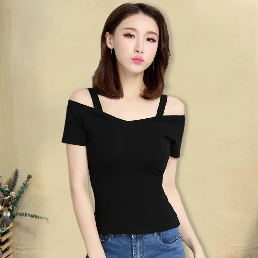 

Off Shoulder Women Top Sling Short Sleeve Women T-shirt Summer Solid Color Slim Pullover Top Female Clothing Streetwear