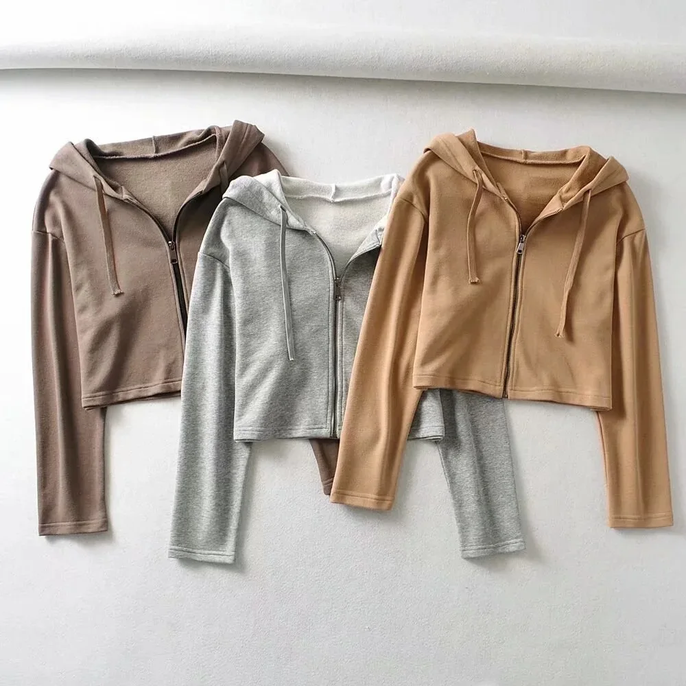 

Women Zipper Hooded Short Clothing Autumn Sweatshirt Sports Casual Sweater Cardigan Jacket Trendy European American Fashion Top