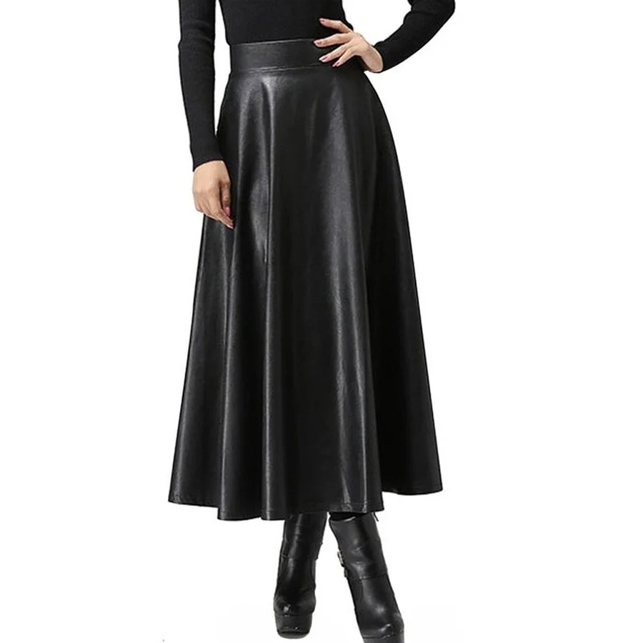 

Mandylandy Autumn Winter Women Skirt Fashion PU Leather Solid Long Skirt High Waist Pleated Swing Vintage Maxi Skirt