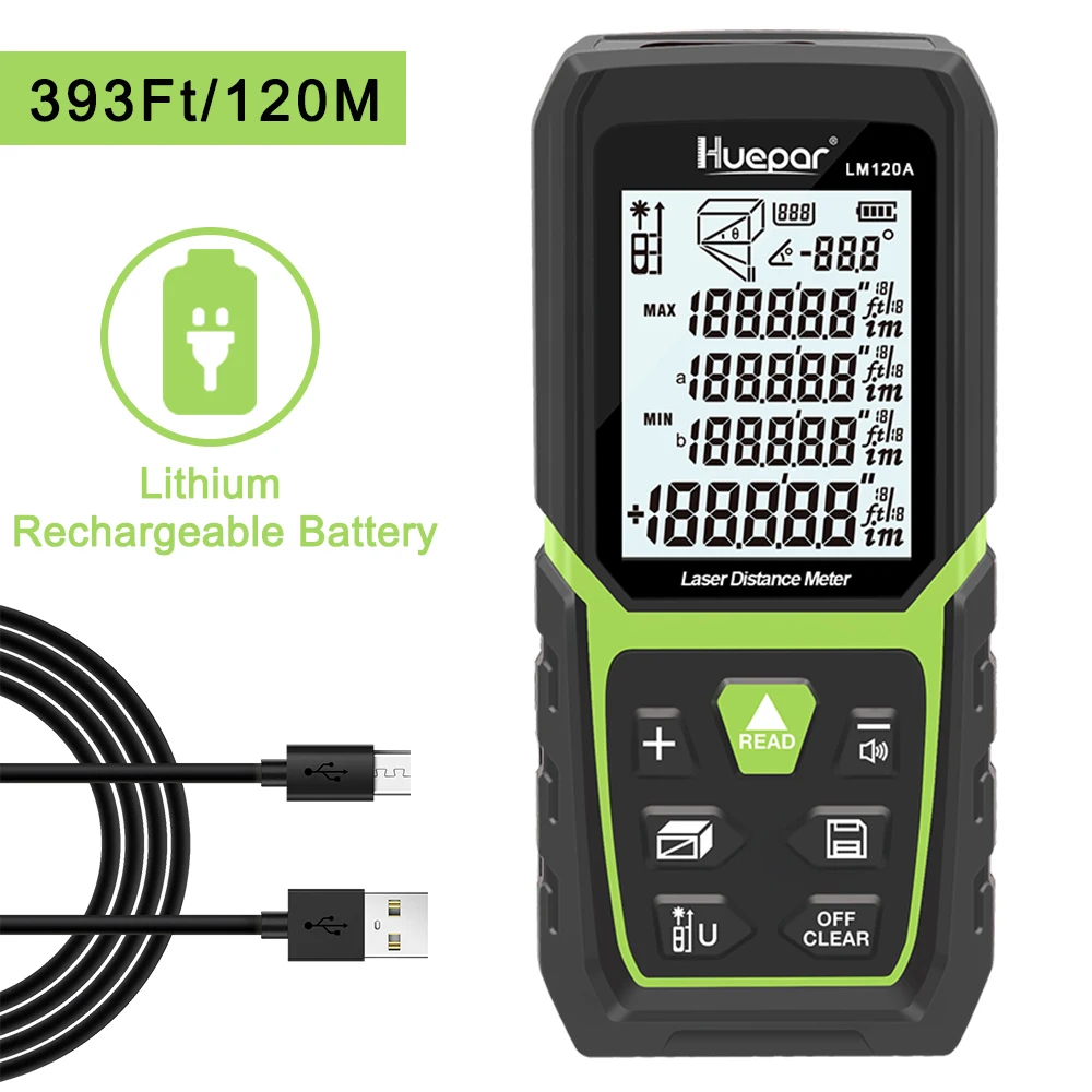 Лазерный дальномер Huepar зеленого света LM120A с литиевой аккумуляторной батареей