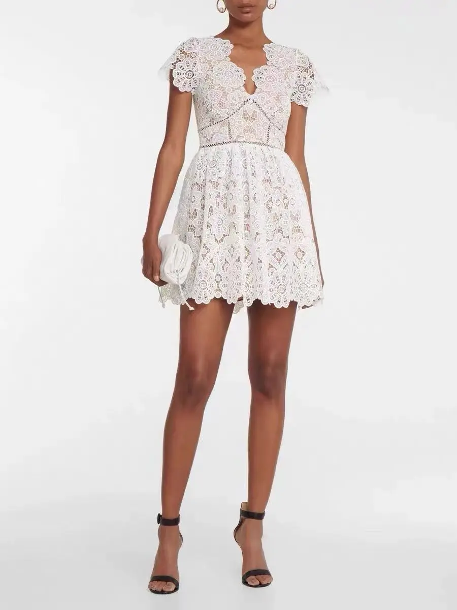 Lace Embroidery Women Hollow Out Mini Dress 2023 New Ladies Short Sleeve V-Neck Slim Waist Zipper Short Robe