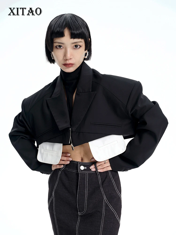 

XITAO Personality Short Blazer Fashion Black Asymmetrical Splicing Women Coat Autumn Street Trendy Contrast Color Pocket WLD9210