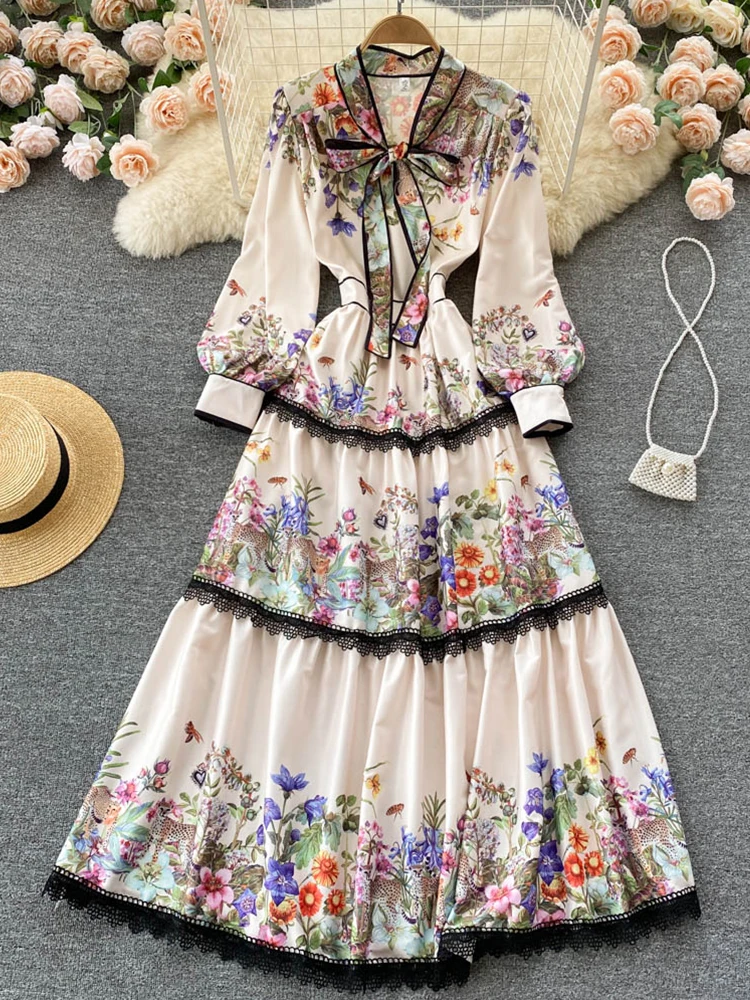 

FTLZZ Spring Autumn Vintage Women V-neck Bow Long Dress Casual Female Floral Print Dress Holiday Beach Dress