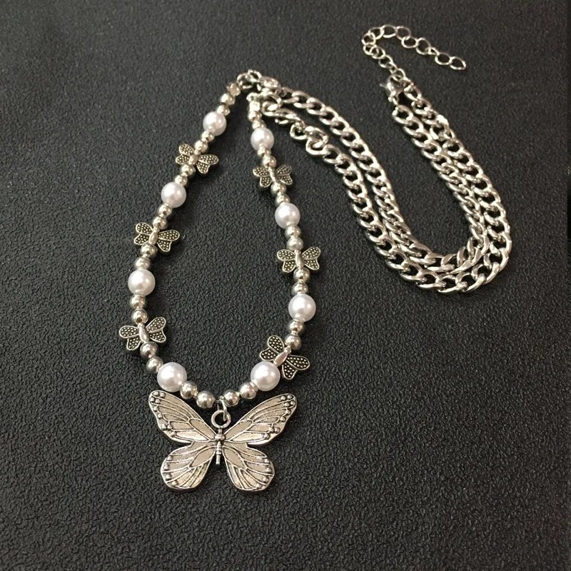 

Gothic Butterfly Pendant Necklace For Women Vintage Silver Color Pearl Choker Punk Metal Chain Necklace 2022 Luxury Accessories