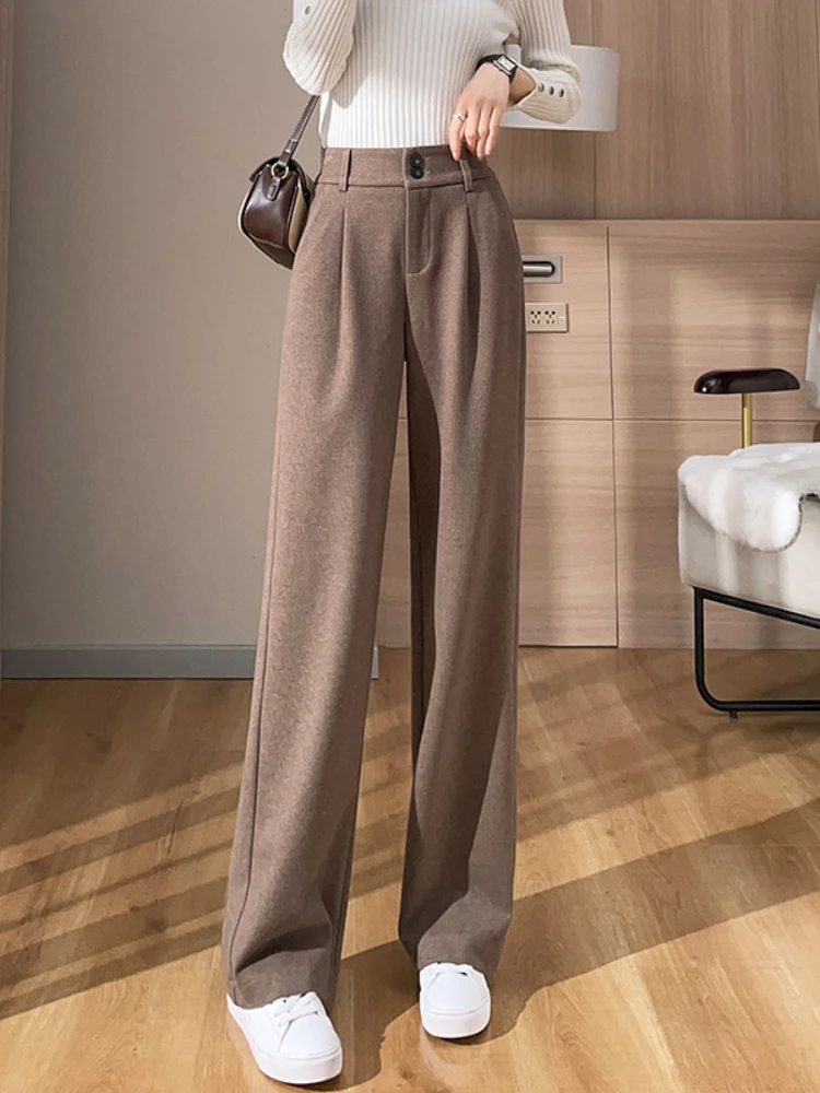 

Woolen Wide-leg Pants Women Fall Winter 2022 New Elastic High-waisted Trousers Female Vintage Thick Slim Fit Straight Pant