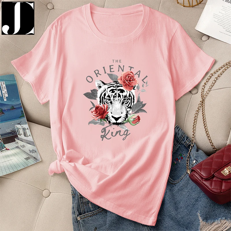 

Summer Women Fashion T-shirt Female Graphic Vintage 100% Cotton Short Sleeve Rose Tiger Letter Print Ladies Round Neck Tees Tops
