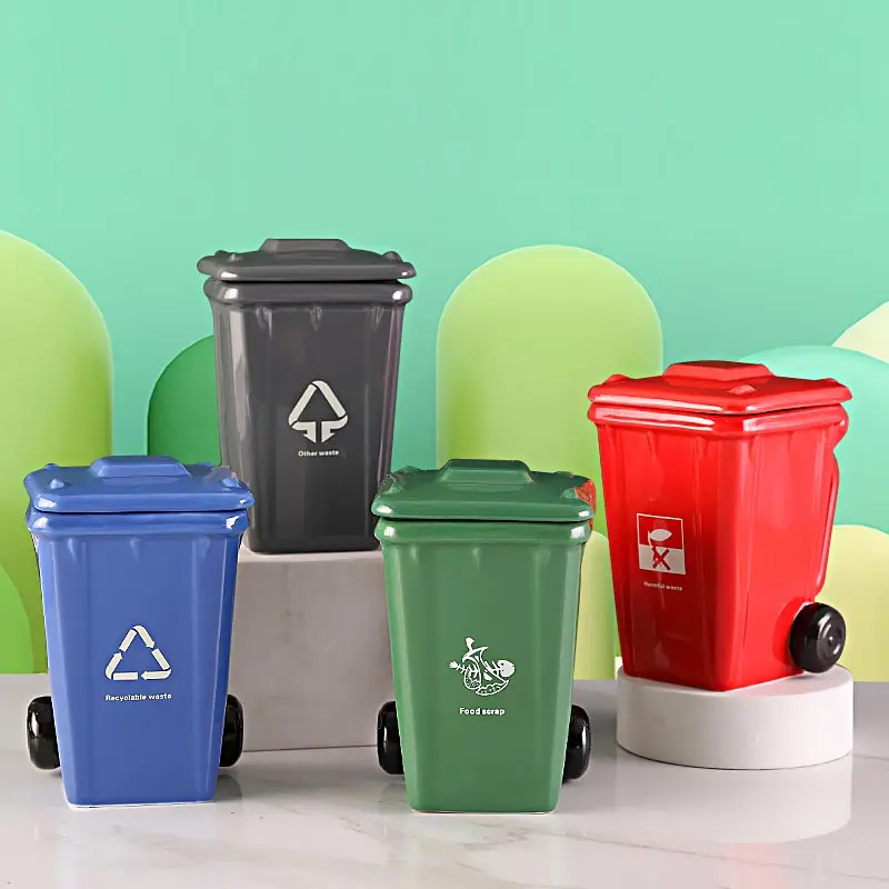

Creative 400ml Trash Can Water Cup Ceramic Coffee Mug with Lid High Value Strange Cups Green Recyclable Waste Send A Friend Gift