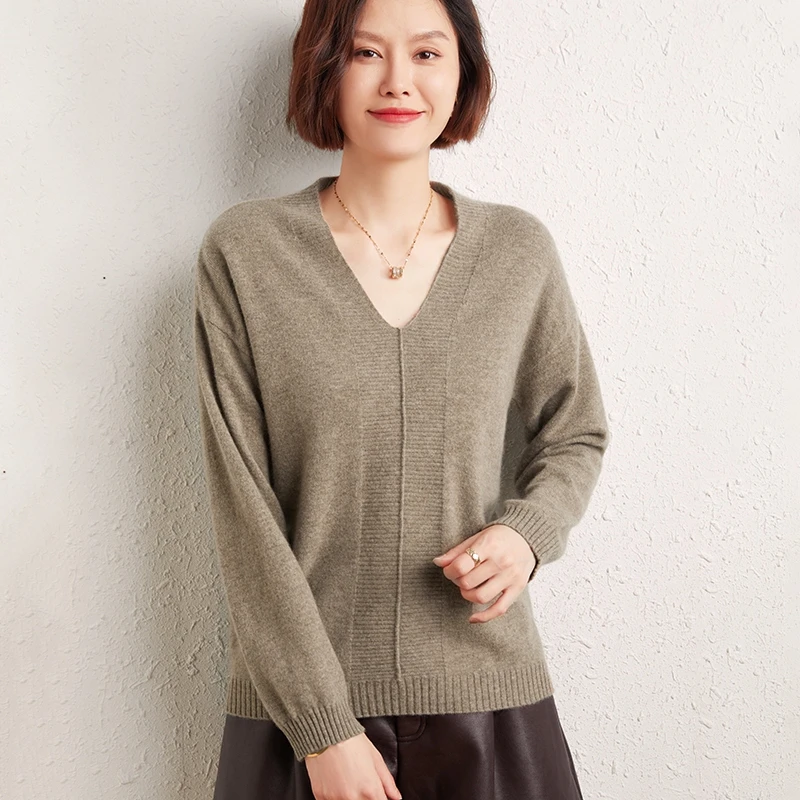 V-neck Drop Shoulder Sleeve Cashmere Sweater Women Loose Cashmere Solid Color Knit Pullover 2022 Fall And Winter Korean Fashion enlarge