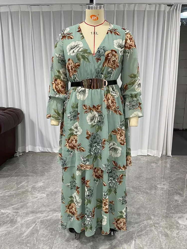 Large Size Long-sleeved Muslim Dress Printed V-neck High Waist Skirt Long Style Belt Elegant Temperament Suitable Spring Autumn