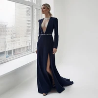 formal dark blue a line side slit evening dresses jersey long sleeves o neck beading sashes prom dress with crystal party gowns