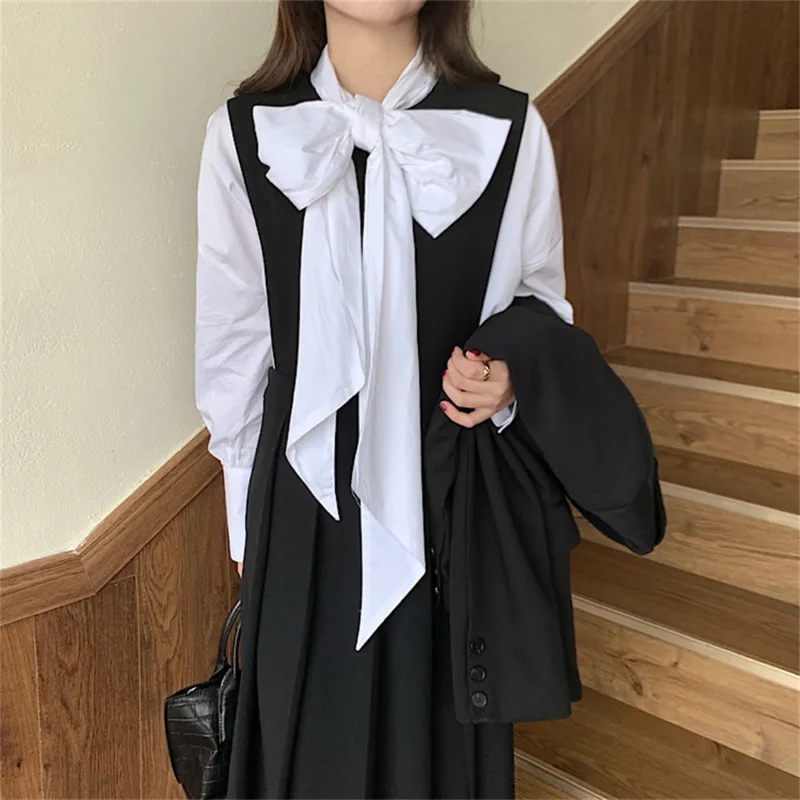 

Kio Office Wear High Three Pieces Sets Bow New Casual Shirts Cotton Loose Bottoms 2022 High Waist Slim Long Dress