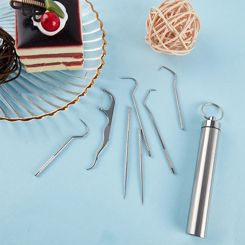 

New 8pcs Portable Stainless Steel Metal Toothpick Bag Set Reusable Environmental Protection with Holders for Outdoor Picnic Camp