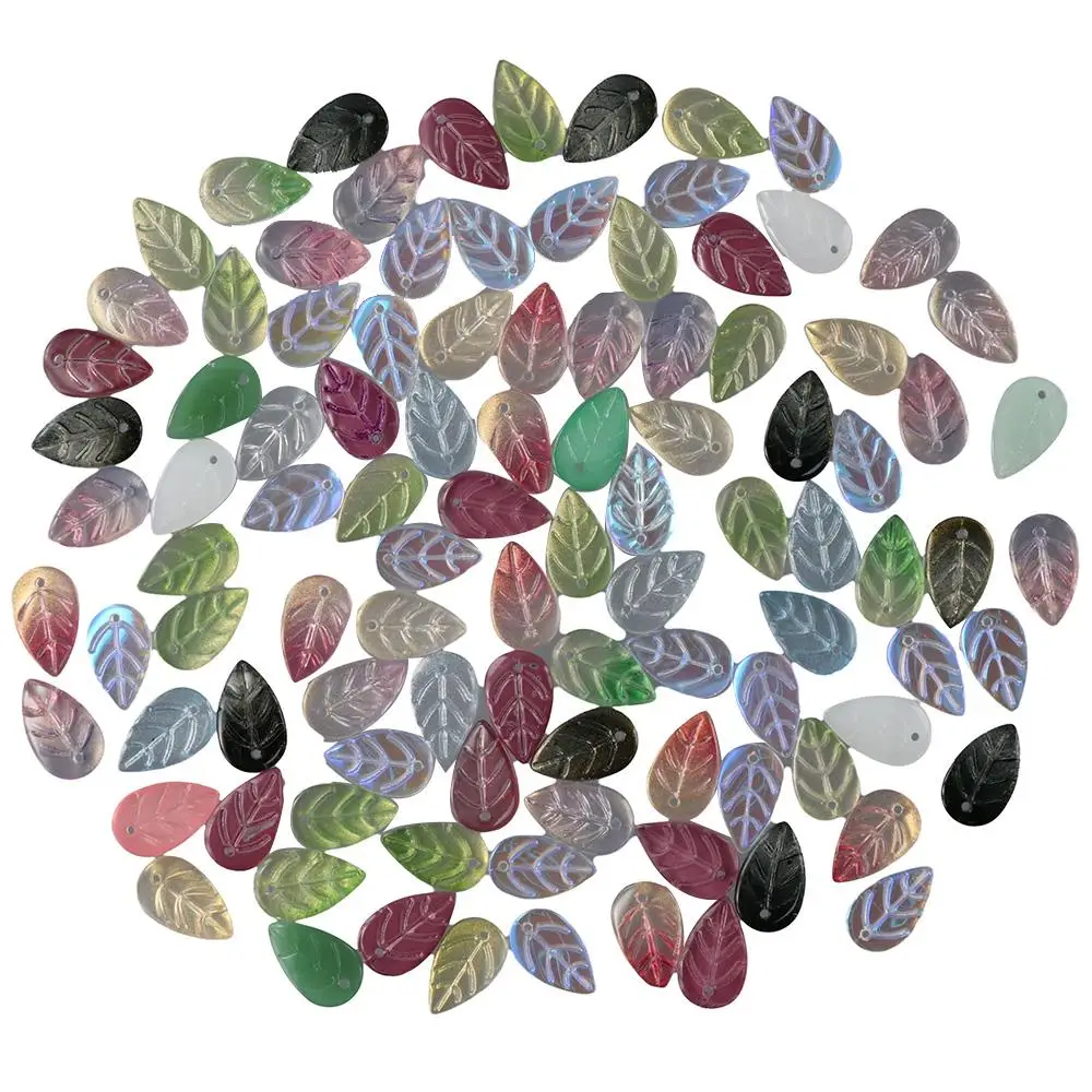 

100 шт., стеклянные бусины в форме листа, разные цвета