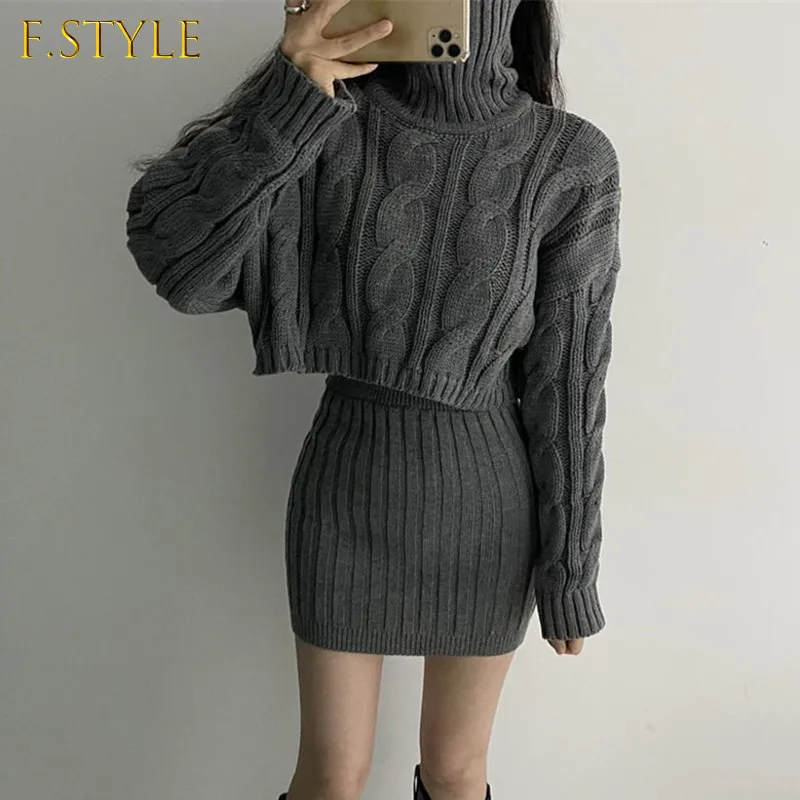 Fall Winter Elegant Outfit Highneck Cropped Pullover Sweater And Elastic Waist Mini Skirt Slim Warm Knitting 2 Piece Set