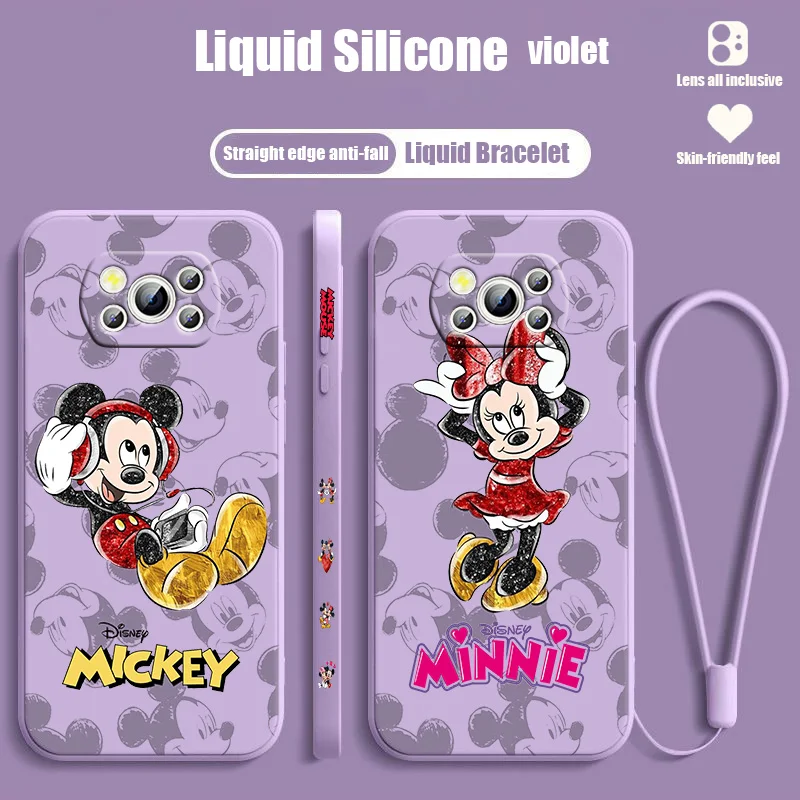 

Minnie Mickey Mouse For POCO C55 C50 C40 M5S M4 M3 F4 F3 X5 X4 X3 X2 NFC GT Pro Liquid Left Rope Lanyard Phone Case