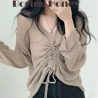 boring honey bowknot drawstring lace up women tops long sleeves knitted thin crop tops v neck hollow out fashion women blouses
