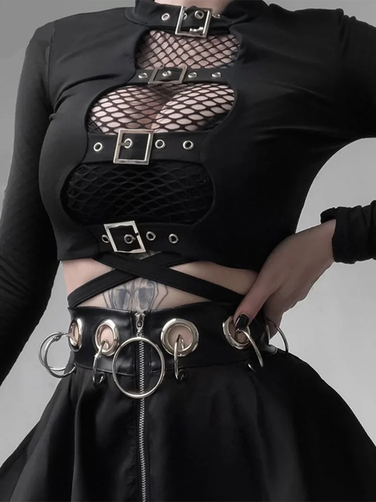 

Sexy Women Crop Tops Hollow Out Buckle Long Sleeve Female Bodycon Tops Gothic Punk Black Tops Streetwear Party Lady Tee