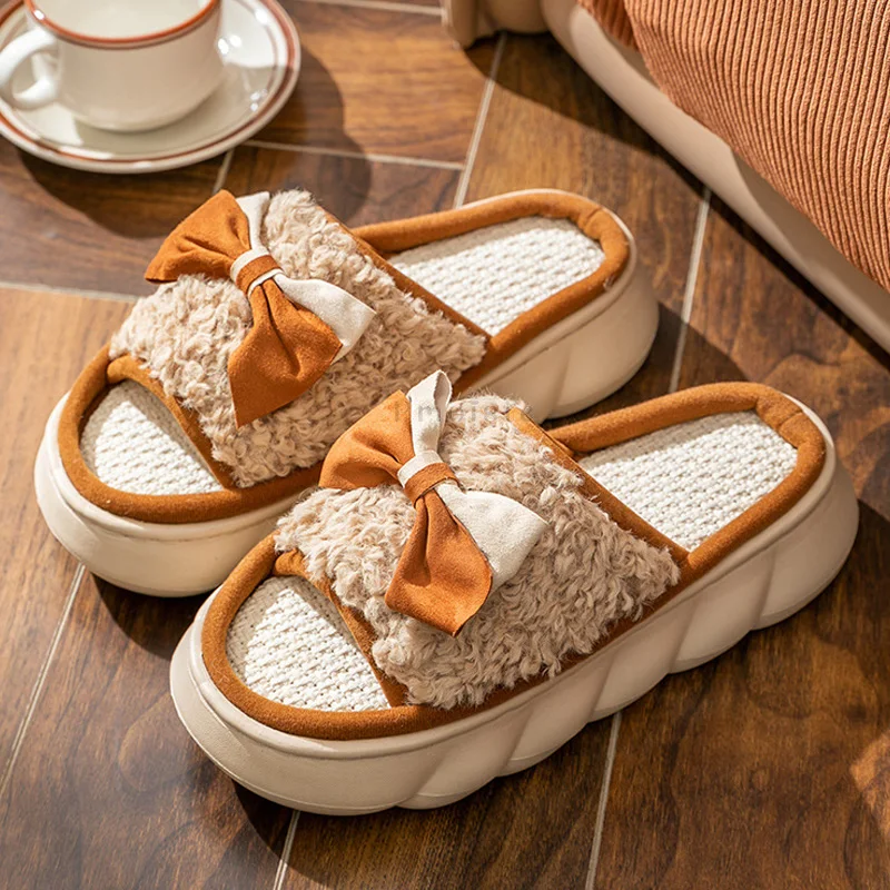 Women's Indoor Slippers Winter Female Slides for Home Cotton Flax Cute Butterfly-Knot Thick Sole Shoes for Woman House Slippers