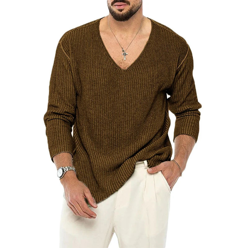 

Casual V Neck Long Sleeve Jumpers Mens Sweater Autumn Winter Loose Solid Knitted Pullover For Men Fashion Sweaters Male Clothes