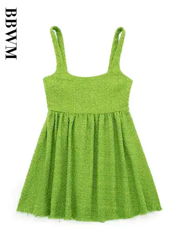 Tweed Short Dress Woman Straight Collar Wide Shoulder Strap Dress Women Sexy Backless Vintage Chic Female 2023 Mini Dresses